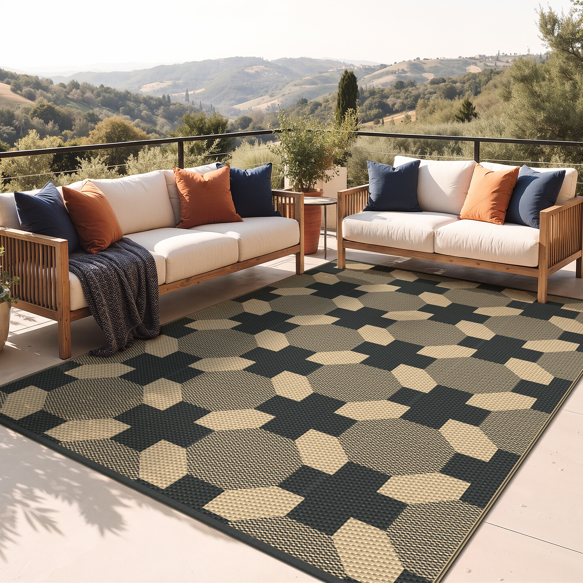 KUETH 6'x 9'Outdoor Plastic Rug Foldable Waterproof UV Resistant Outdoor Patio Geometric RV Deck Rug