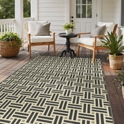 KUETH 6' x 9' Outdoor Rug Waterproof Camping Patio Rug Boho Geometric Reversible Outdoor Plastic Carpet for RV Blcony Picnic Porch，Black&Beige