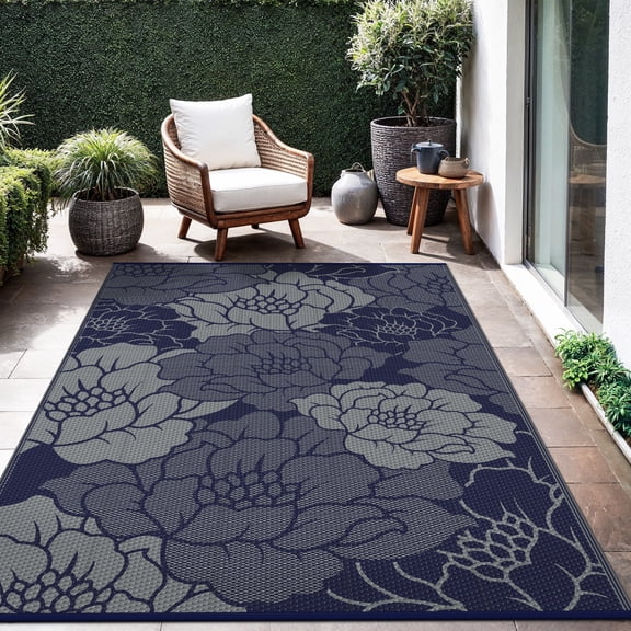 KUETH 6'x 9' Outdoor Rug Plastic Waterproof Outside Foldable Flower Mat UV Resistant Patio RV Deck Carpet,BLUE GREY