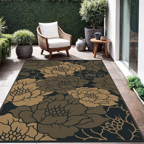 KUETH 6'x 9' Outdoor Rug Plastic Waterproof Outside Foldable Flower Mat UV Resistant Patio RV Deck Carpet,Black Brown