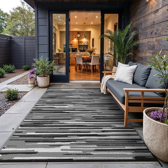 KUETH 6' x 9' Outdoor Rug Waterproof Reversible Camping Mat Abstract Patio Yard Carpet,BLACK&WHITE