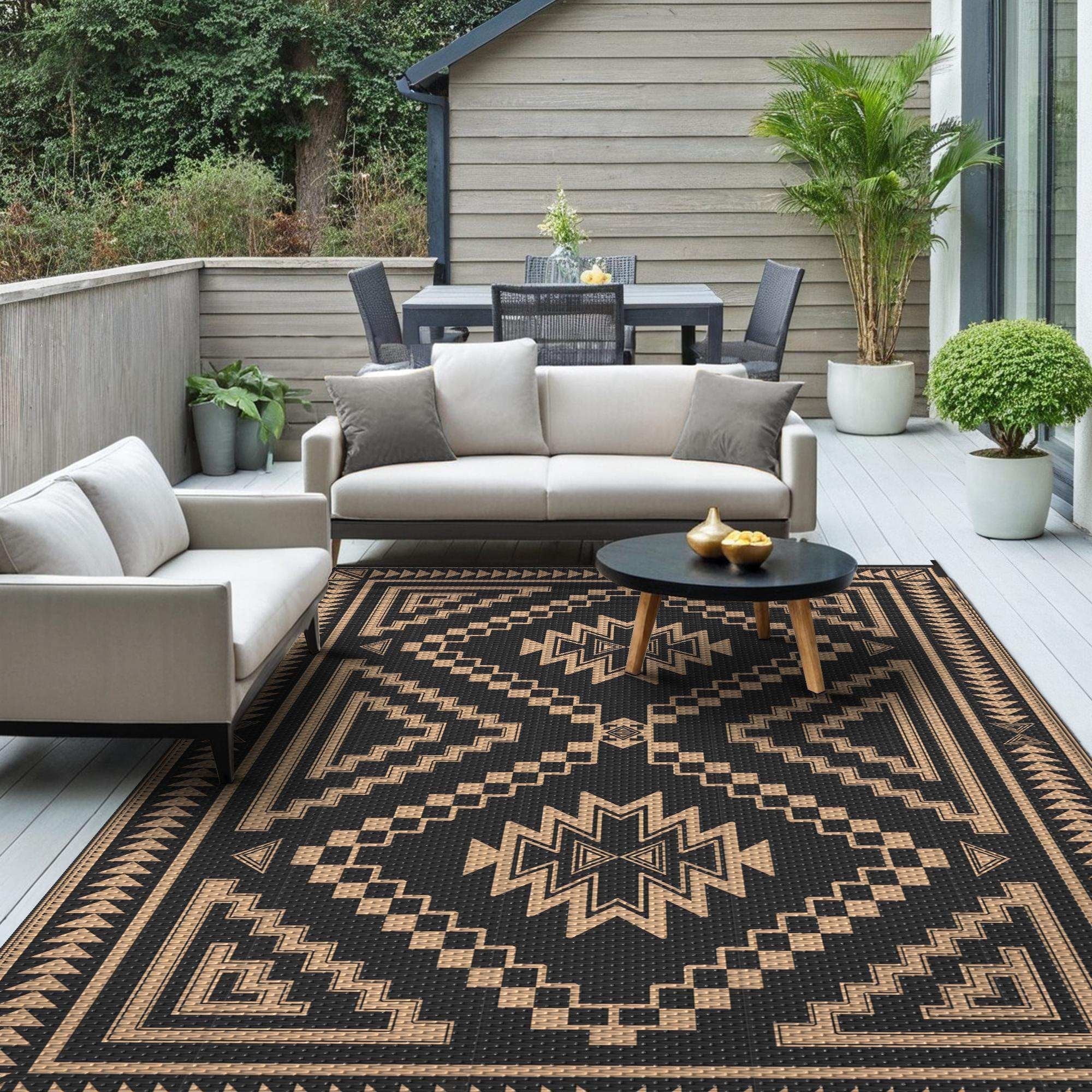 KUETH 6' x 9' Outdoor Rug Waterproof for Patio Carpet Plastic Reversible Straw Outdoor Rug for Camping Picnic Geometric Mat ,Black & Brown