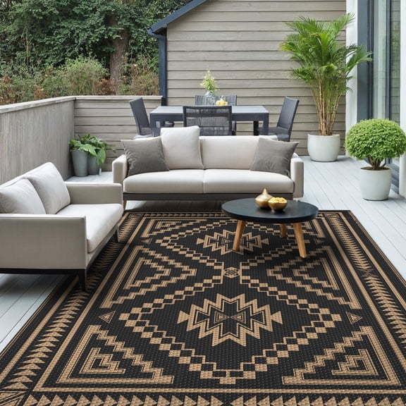 KUETH 6' x 9' Outdoor Rug Waterproof for Patio Carpet Plastic Reversible Straw Outdoor Rug for Camping Picnic Geometric Mat ,Black & Brown