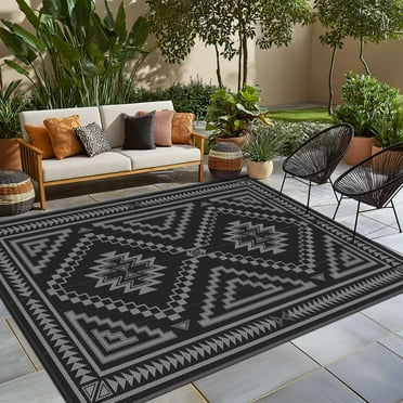 KUETH 6' x 9' Outdoor Waterproof Rug Camping Mat Patio Carpet,Black & Gray