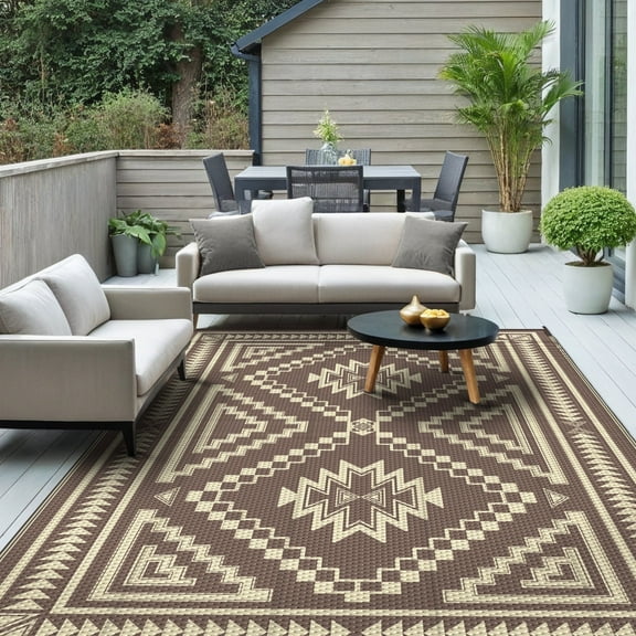 KUETH 6' x 9' Outdoor Waterproof Rug Camping Mat Patio Carpet,COFFEE&BEIGE