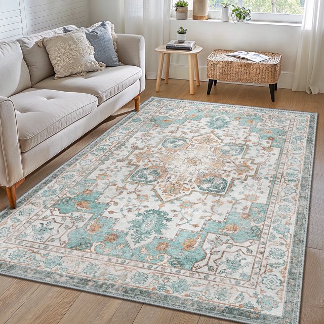 KUETH 6'x9' Area Rugs for Living Room, Ultra Thin Non Slip Machine Washable Vintage Indoor Rug, Flat Pile Chenille Print Rug for Bedroom Dining Room Home Office