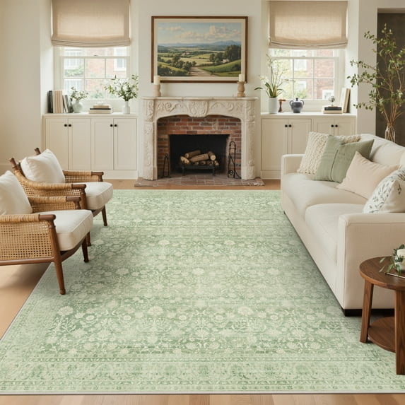 KUETH 6'x9' Area Rugs for Living Room, Non Slip Machine Washable Vintage Indoor Rug, Low Pile Chenille Print Rug for Bedroom Dining Room Home Office