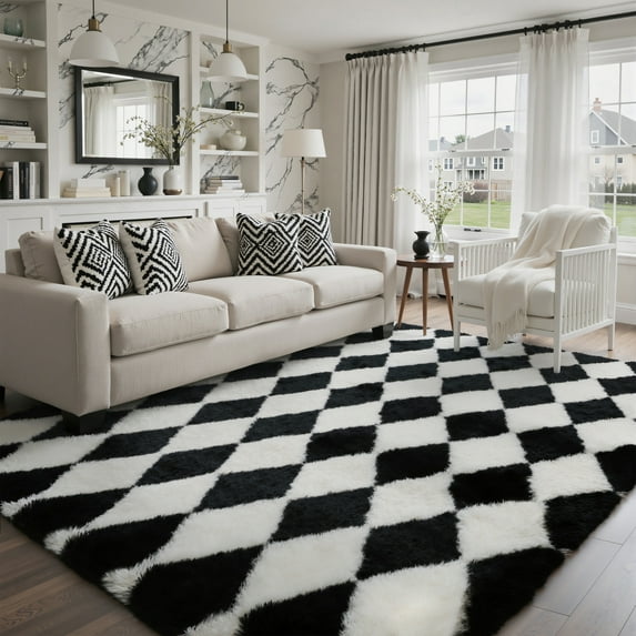 KUETH 6'x9' Fluffy Shag Washable Area Rug for Living Room Modern Geometric