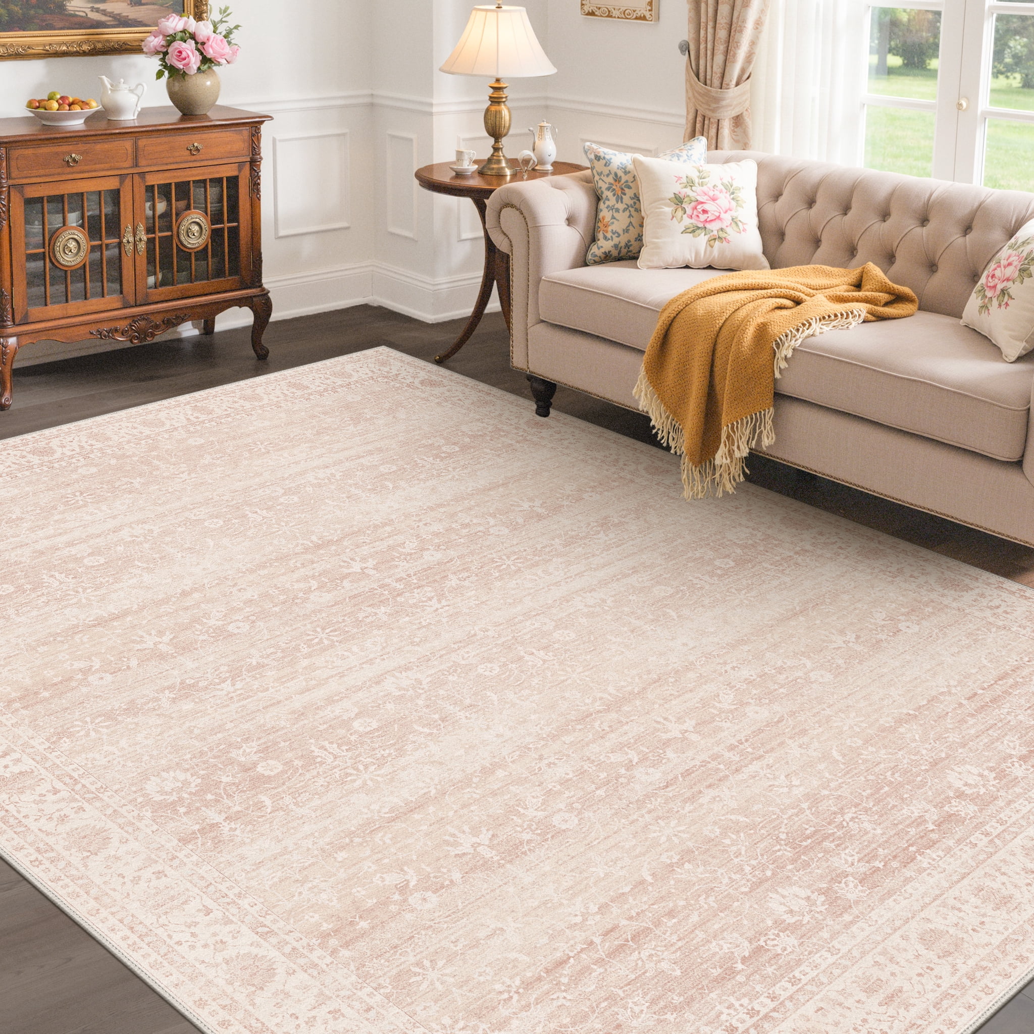 KUETH 6'x9' Area Rugs for Living Room, Non Slip Machine Washable Vintage Indoor Rug, Low Pile Chenille Print Rug for Bedroom Dining Room Home Office