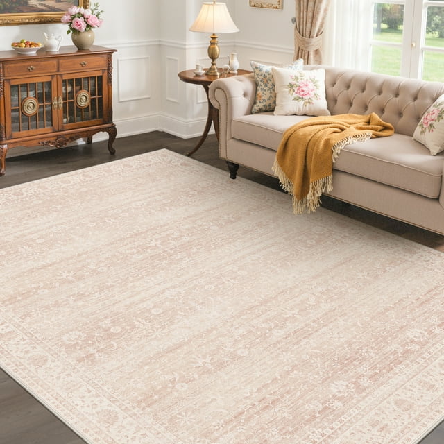 KUETH 6'x9' Area Rugs for Living Room, Non Slip Machine Washable Vintage Indoor Rug, Low Pile Chenille Print Rug for Bedroom Dining Room Home Office