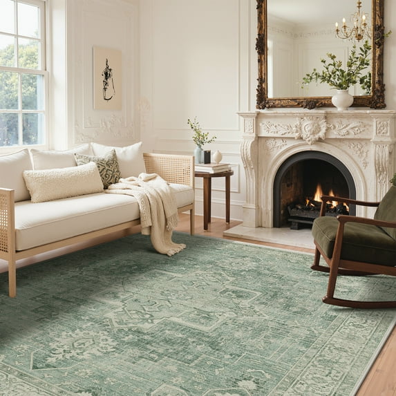 KUETH 6'x9' Area Rugs for Living Room, Non Slip Machine Washable Vintage Indoor Rug, Low Pile Chenille Print Rug for Bedroom Dining Room Home Office