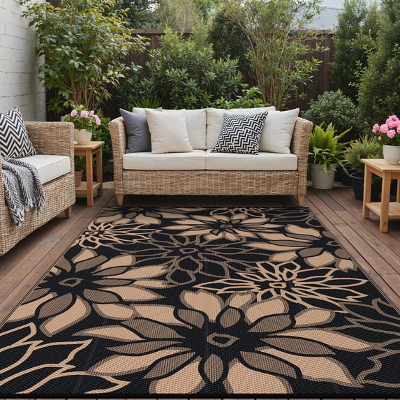 KUETH 6'x9' Outdoor Rug Waterproof Plastic Reversible Floral Patio Camping Outside Carpet,Black Brown