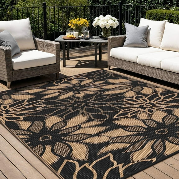 KUETH 6'x9' Outdoor Rug Waterproof Plastic Reversible Floral Patio Camping Outside Carpet,Black Brown