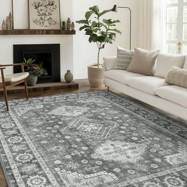 KUETH 6x9 Area Rugs for Bedroom Living Room, Machine Washable Stain Resistant Floor Cover, Large Print Boho Vintage Tribal Aesthetic Carpet, Low Pile Mat with Non Slip Rubber Backing, Distressed Gray