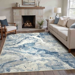 KUETH 8×10 Area Rug Washable for Living Room, Large Blue Print Pattern Modern Abstract Soft Non Slip Low Pile Indoor Rug, Bedroom, Dinning Room