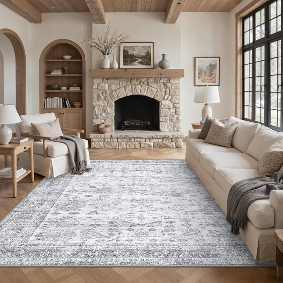 KUETH 8'X10' Vintage Area Rugs Machine Washable Rugs for Living Room, Non Slip Flat Pile Rug with Rubber Backing, Boho Rug for Entryway Bedroom Dining Room Home Office