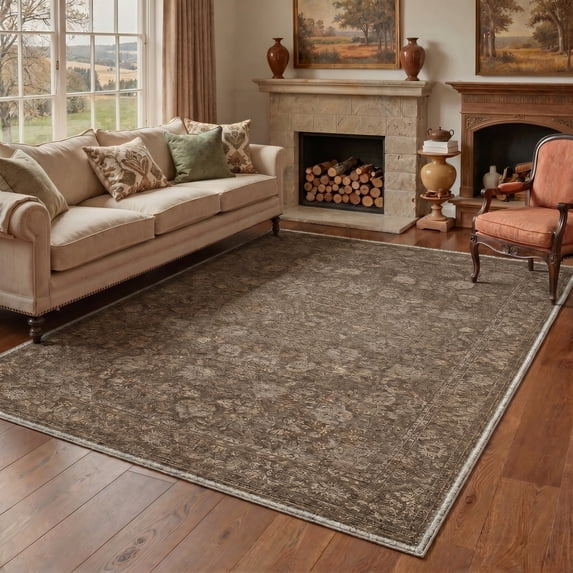 KUETH 8'X10' Vintage Area Rugs Machine Washable Rugs for Living Room, Non Slip Flat Pile Rug with Rubber Backing, Boho Rug for Entryway Bedroom Dining Room Home Office