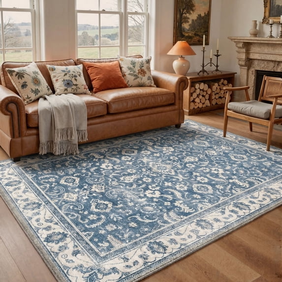 KUETH 8'X10' Vintage Area Rugs Machine Washable Rugs for Living Room, Non Slip Flat Pile Rug with Rubber Backing, Boho Rug for Entryway Bedroom Dining Room Home Office