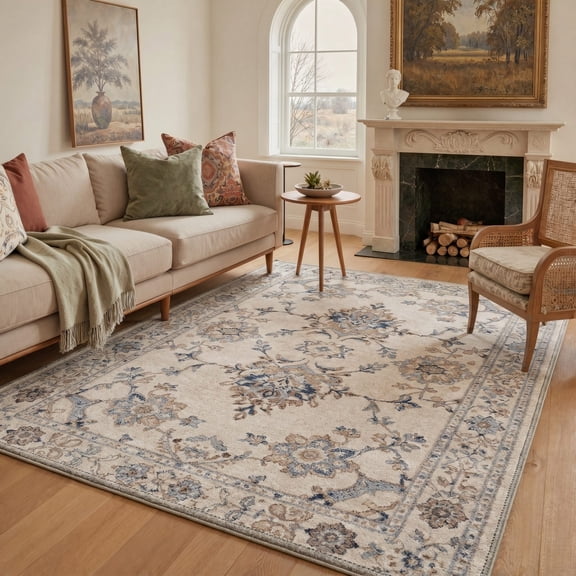 KUETH 8'X10' Vintage Area Rugs Machine Washable Rugs for Living Room, Non Slip Flat Pile Rug with Rubber Backing, Boho Rug for Entryway Bedroom Dining Room Home Office