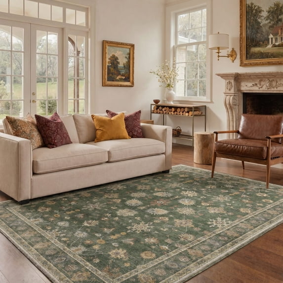 KUETH 8'X10' Vintage Area Rugs Machine Washable Rugs for Living Room, Non Slip Flat Pile Rug with Rubber Backing, Boho Rug for Entryway Bedroom Dining Room Home Office