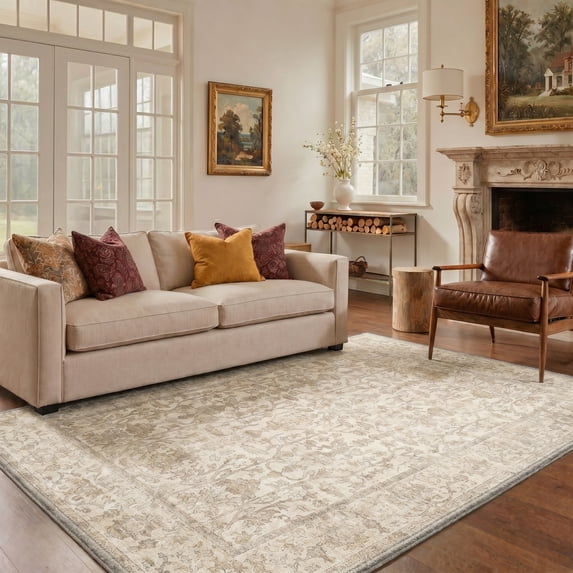 KUETH 8'X10' Vintage Area Rugs Machine Washable Rugs for Living Room, Non Slip Flat Pile Rug with Rubber Backing, Boho Rug for Entryway Bedroom Dining Room Home Office