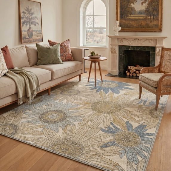 KUETH 8'X10' Vintage Floral Area Rugs Machine Washable Rugs for Living Room, Non Slip Flat Pile Rug with Rubber Backing, Boho Rug for Entryway Bedroom Dining Room Home Office