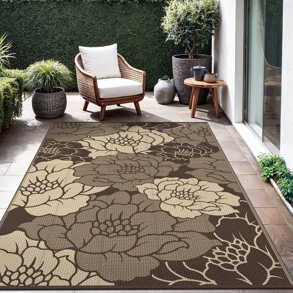 KUETH 8'x 10' Outdoor Rug Plastic Waterproof Outside Foldable Flower Mat UV Resistant Patio RV Deck Carpet,COFFEE BEIGE