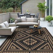KUETH 8' x 10' Outdoor Rug Waterproof for Patio Carpet Plastic Reversible Straw Outdoor Rug for Camping Picnic Geometric Mat ,Black & Brown