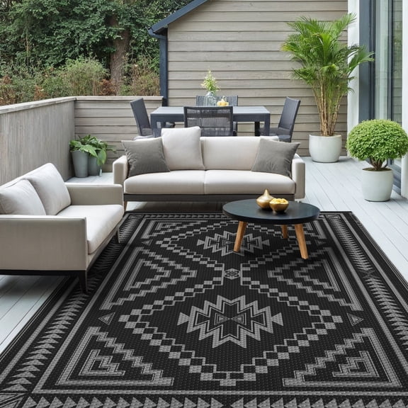KUETH 8' x 10' Outdoor Rug Waterproof for Patio Carpet Plastic Reversible Straw Outdoor Rug for Camping Picnic Geometric Mat ,Black & Gray