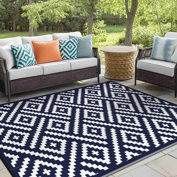 KUETH 8' x 10' Outdoor Waterproof Rug Camping Mat Patio Geometric Carpet,Navy Blue&White