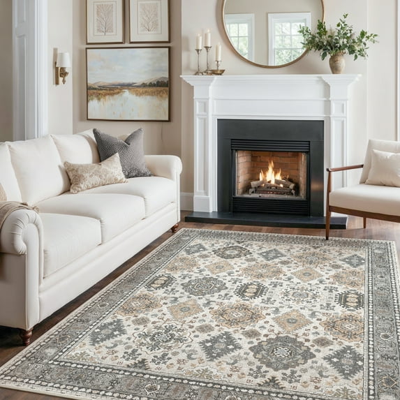 KUETH 8'x10' Area Rugs for Living Room, Non Slip Machine Washable Vintage Indoor Rug, Ultra Thin Chenille Print Rug for Bedroom Dining Room Home Office