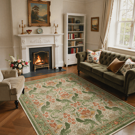 KUETH 8'x10' Area Rugs for Living Room, Thin Non Slip Machine Washable Vintage Floral Indoor Rug, Flat Pile Chenille Print Rug for Bedroom Dining Room Home Office