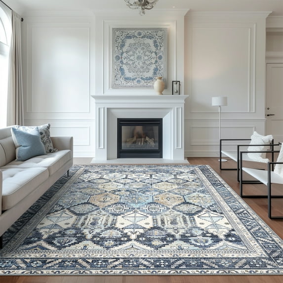 KUETH 8'x10' Area Rugs for Living Room, Ultra-thin Non Slip Machine Washable Vintage Indoor Rug, Low Pile Chenille Print Rug for Bedroom Dining Room Home Office