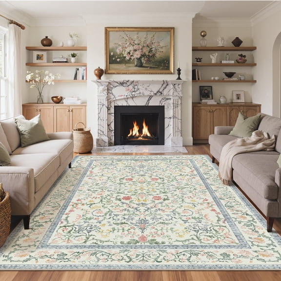 KUETH 8'x10' Area Rugs for Living Room, Non Slip Machine Washable Vintage Indoor Rug, Low Pile Chenille Print Rug for Bedroom Dining Room Home Office