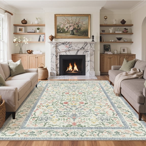 KUETH 8'x10' Area Rugs for Living Room, Non Slip Machine Washable Vintage Indoor Rug, Low Pile Chenille Print Rug for Bedroom Dining Room Home Office