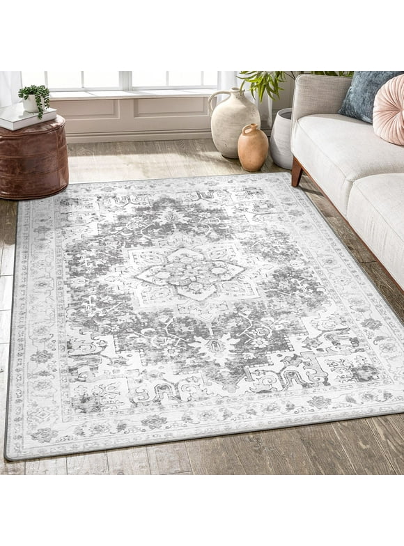 KUETH 8'x10' Area Rugs for Living Room, Non Slip Machine Washable Vintage Indoor Rug, Low Pile Chenille Print Rug for Bedroom Dining Room Home Office