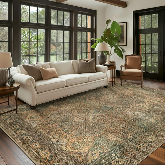 KUETH 8'x10' Area Rugs for Living Room, Non Slip Machine Washable Vintage Indoor Rug, Low Pile Chenille Print Rug for Bedroom Dining Room Home Office