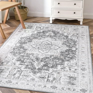 KUETH 8'x10' Area Rugs for Living Room, Non Slip Machine Washable Vintage Indoor Rug, Low Pile Chenille Print Rug for Bedroom Dining Room Home Office