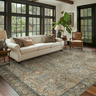 KUETH 8'x10' Area Rugs for Living Room, Non Slip Machine Washable Vintage Indoor Rug, Low Pile Chenille Print Rug for Bedroom Dining Room Home Office