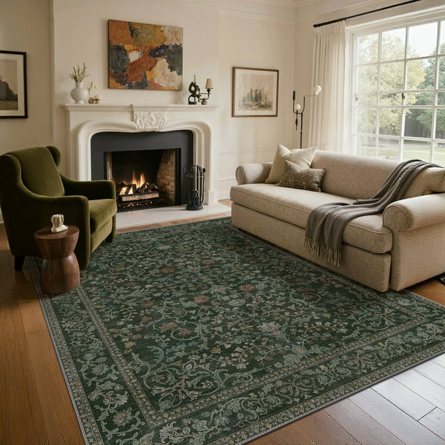 KUETH 8'x10' Area Rugs for Living Room, Non Slip Machine Washable Vintage Indoor Rug, Low Pile Chenille Print Rug for Bedroom Dining Room Home Office