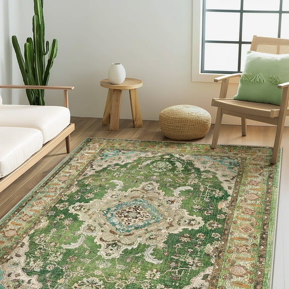 KUETH 8'x10' Area Rugs for Living Room, Non Slip Machine Washable Vintage Indoor Rug, Low Pile Print Rug for Bedroom Dining Room Home Office