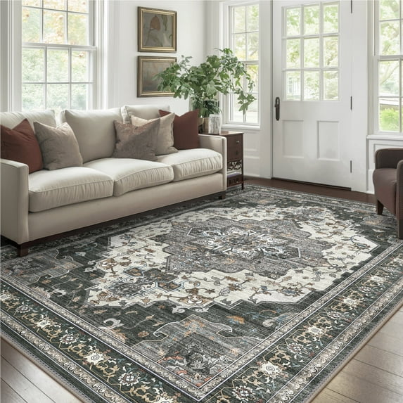 KUETH 8'x10' Area Rugs for Living Room, Non Slip Machine Washable Vintage Indoor Rug, Low Pile Print Rug for Bedroom Dining Room Home Office