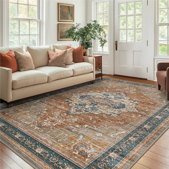 KUETH 8'x10' Area Rugs for Living Room, Non Slip Machine Washable Vintage Indoor Rug, Low Pile Print Rug for Bedroom Dining Room Home Office