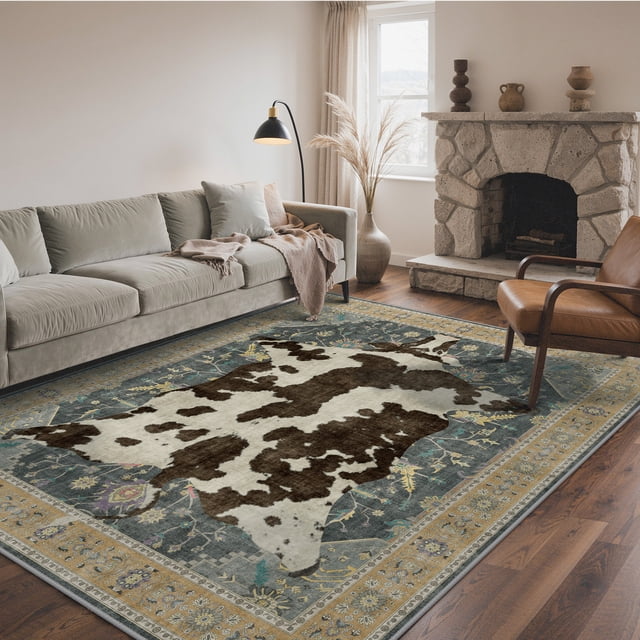 KUETH 8'x10' Cow Area Rugs for Living Room, Non Slip Machine Washable Vintage Boho Rug, Low Pile Print Rug for Bedroom Dining Room Home Office