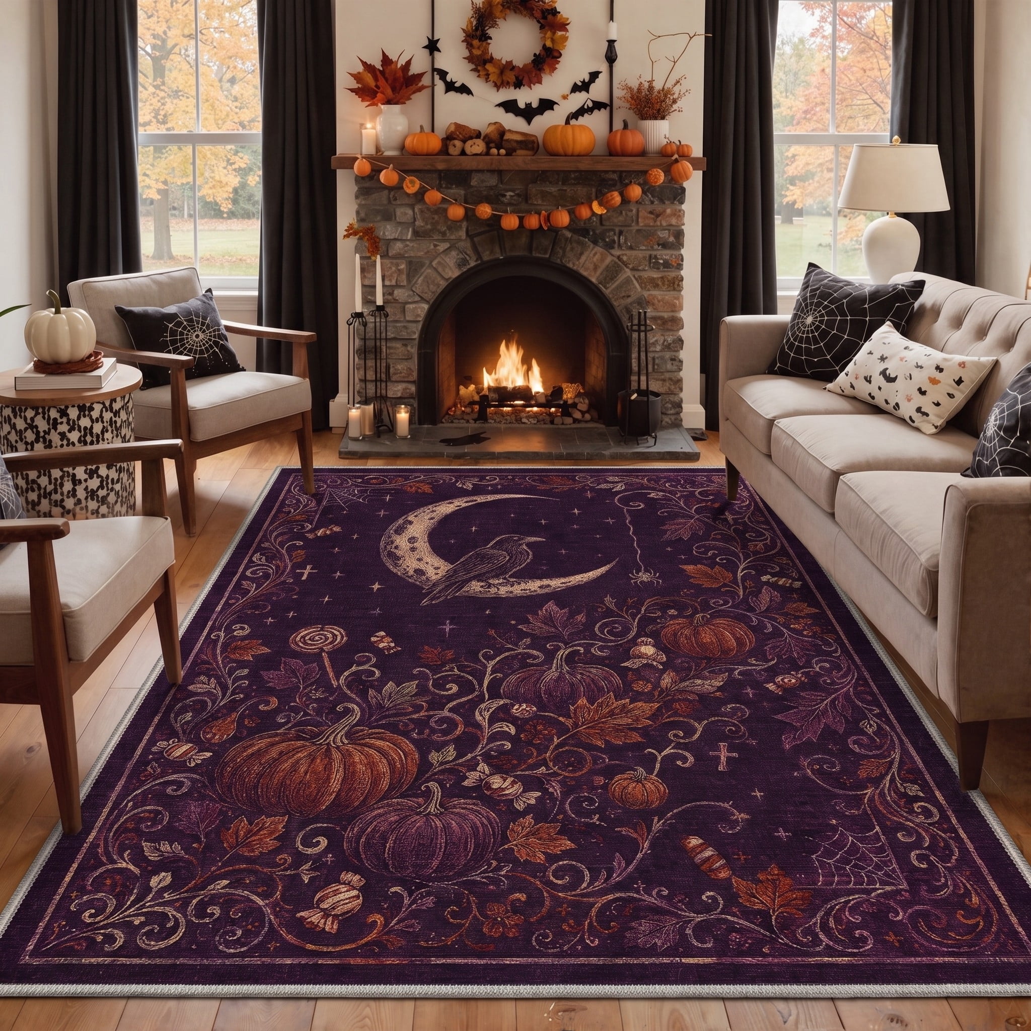 Moon Patterned Rugs KUETH 8'x10' Halloween Machine Washable Area Rug, Non-Slip Moon Rugs ...