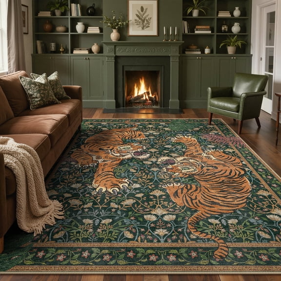 KUETH 8'x10' Tiger Area Rugs for Living Room, Non Slip Machine Washable Vintage Boho Rug, Low Pile Print Rug for Bedroom Dining Room Home Office