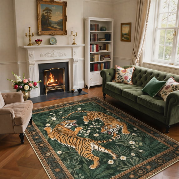 KUETH 8'x10' Tiger Area Rugs for Living Room, Non Slip Machine Washable Vintage Boho Rug, Low Pile Print Rug for Bedroom Dining Room Home Office
