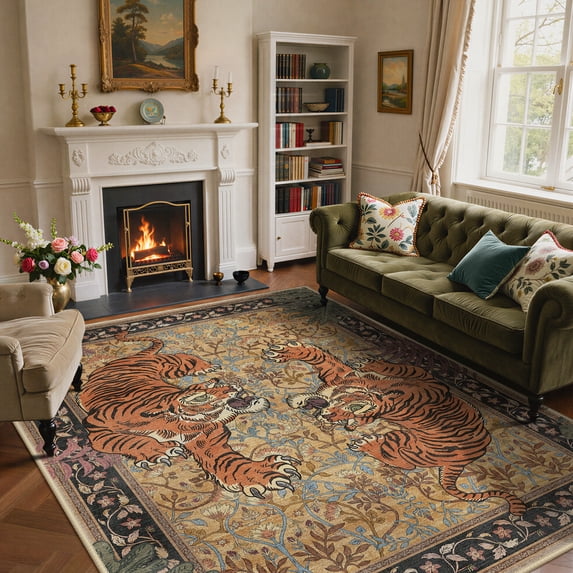 KUETH 8'x10' Tiger Area Rugs for Living Room, Non Slip Machine Washable Vintage Boho Rug, Low Pile Print Rug for Bedroom Dining Room Home Office