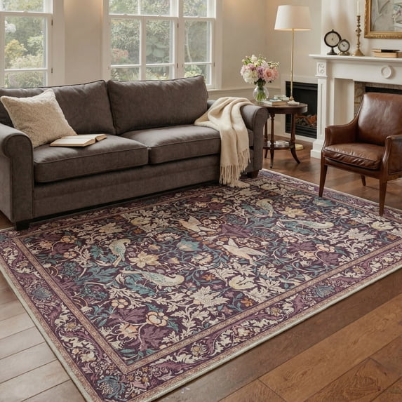 KUETH 8'x10' Vintage Floral Area Rugs for Living Room, Non Slip Machine Washable Forest Bird Rug, Low Pile Print Rug for Bedroom Dining Room Home Office
