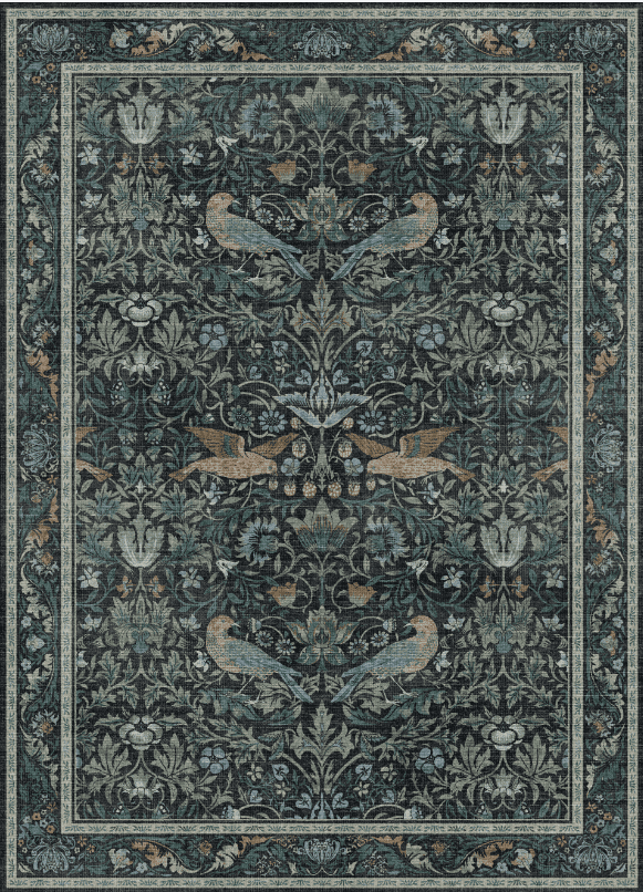 KUETH 8'x10' Vintage Floral Area Rugs for Living Room, Non Slip Machine Washable Forest Bird Rug, Low Pile Print Rug for Bedroom Dining Room Home Office